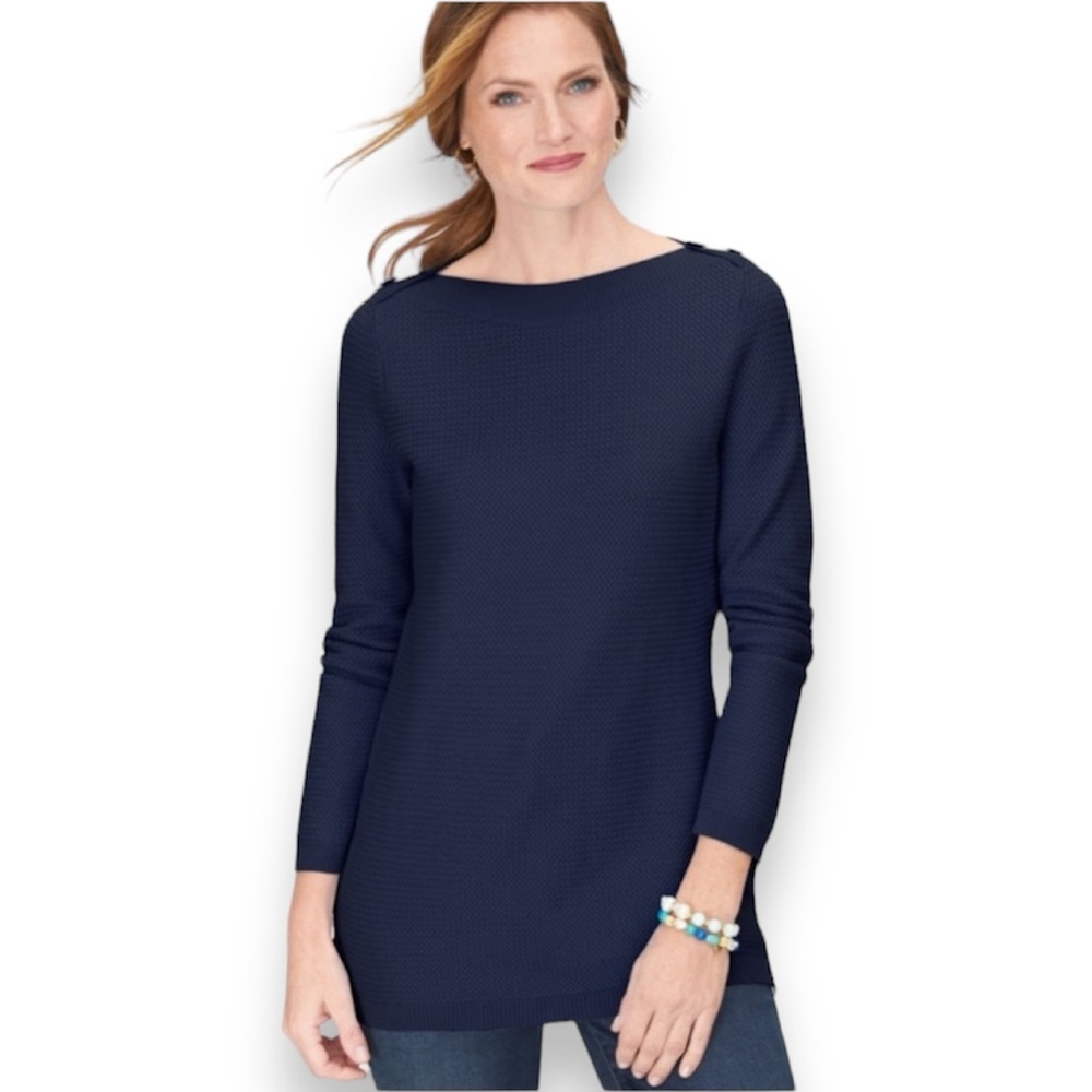 Talbots Mixed Stitch 3/4 Sleeve Button Keyhole Closure Sweater Top Navy Size Med